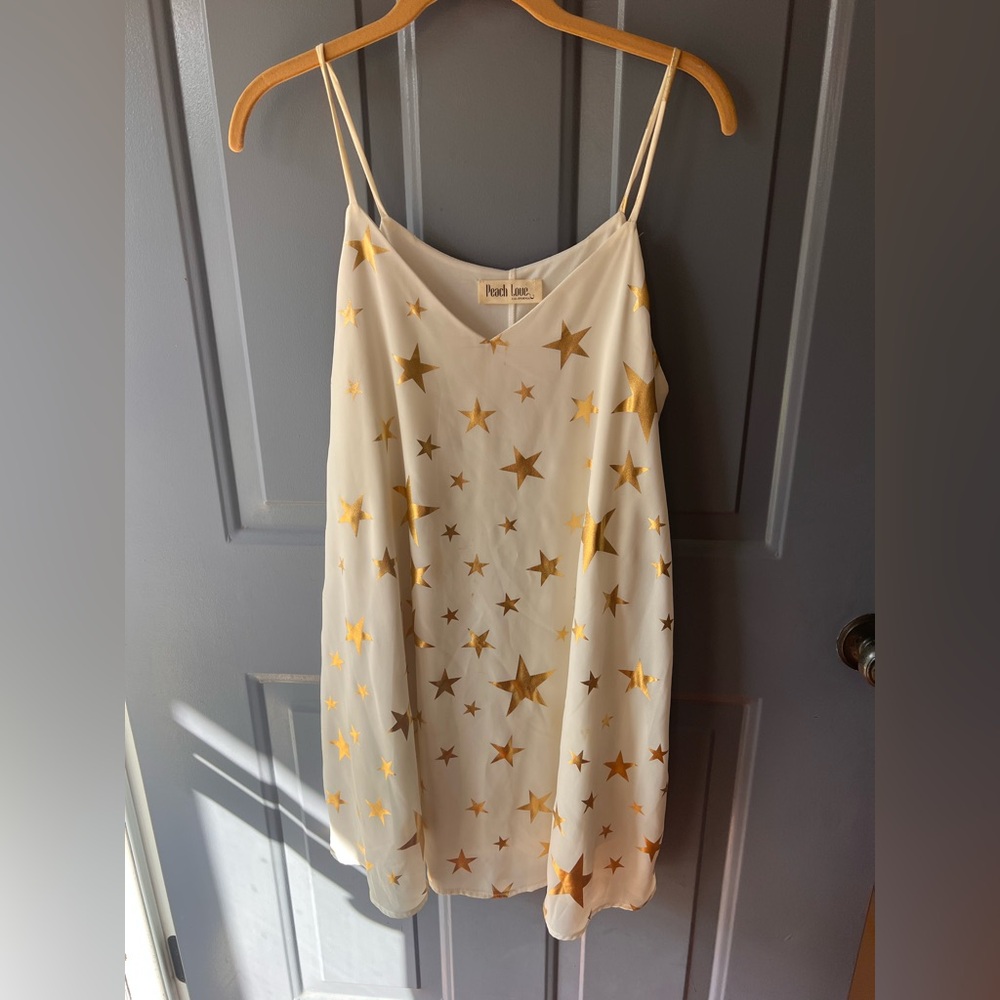 Peach Love California Cream Slip Dress with Gold Star Accents